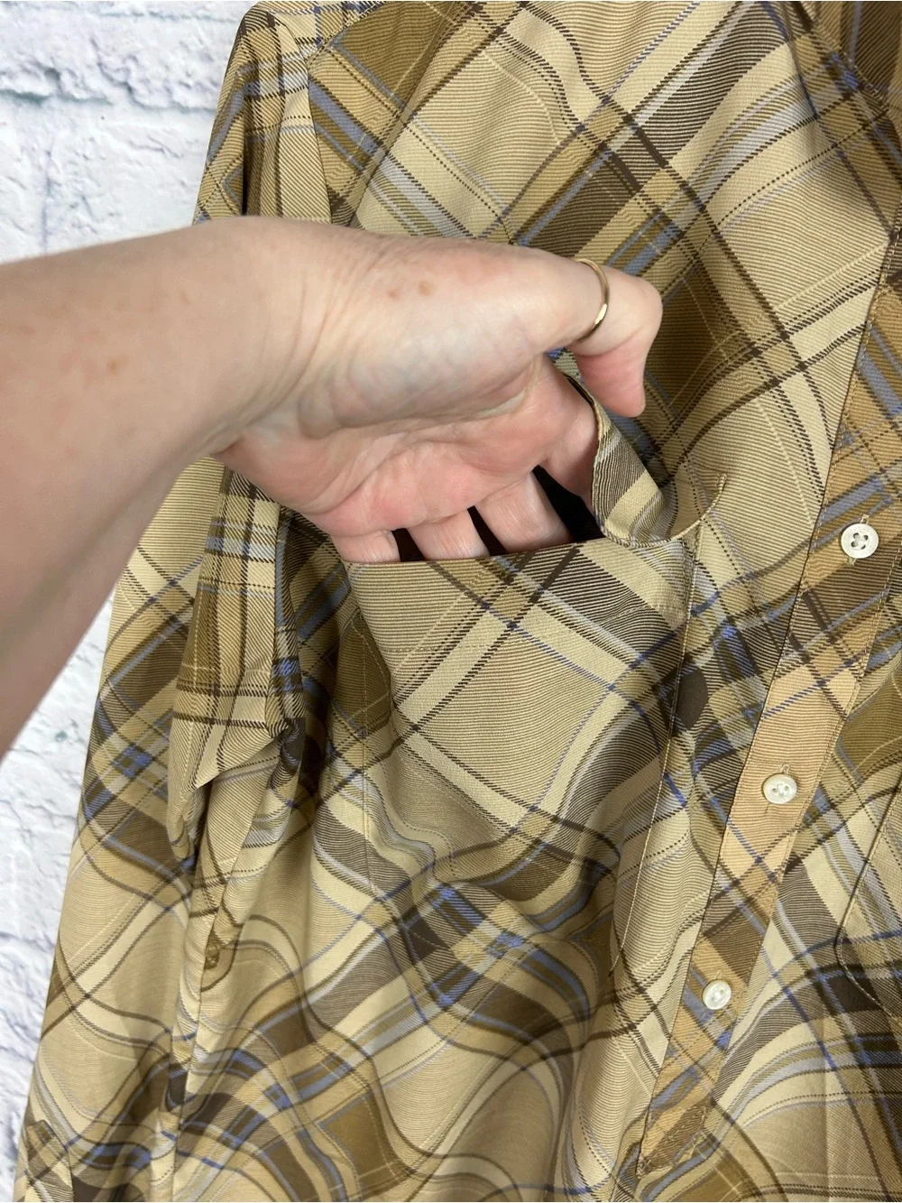 Lauren Ralph Lauren Plaid Utility Shirt Tan Brown Blue Button Front Medium
